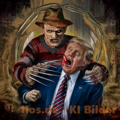 Freddy Krüger VS Trump
Die KI generiert ein Bild wo Freddy Krüger aus Nightmare, Donald Trump von hinten angreift. 
Schlüsselwörter: Trump;Freddy